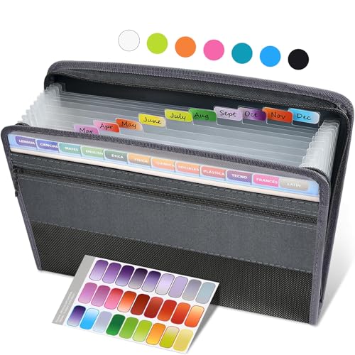 Sooez Accordion File Organizer with Safe Zipper, 12 Pocket Expanding File Folder with Front Pencil Pouch, Portable Monthly Paper Bill Tax Receipt Organizer, School Office Supplies, Letter Size, Grey - color: Grey, style: 12 Pockets