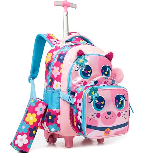 Meetbelify Rolling Backpack for Girls Backpacks with Wheels for Elementary Preschool Students Kids 3 in 1 Travel Luggage Carry on Suitcase with Lunch Box Pencil Case for Girls Age 8-10 - color: Bell Cat