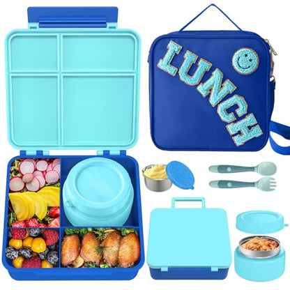 Aimsnk Kids Lunch Box with Thermo Insulated Lunch Bag for School, Blue | Kids Bento Lunch Box with 8oz Food Jar, Leak Proof Hot Soup Lunch Containers with 4 Compartment, Warm Lunchbox for Toddler - color: Blue