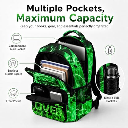 Game Backpack Set for Boys Kids – 17" Large Capacity Gaming School Bag with Lunch Box, Pencil Bag and Coin Purse (Green) - color: Green-1