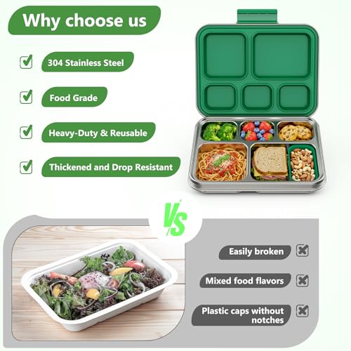 Pawtong Stainless Steel Lunch Box, 5-Compartment Bento Lunch Box for Kids & Adults,Metal Lunch Box with Removable Silicone Container, Lunch Box Containers for School,Office(Green) - color: Green