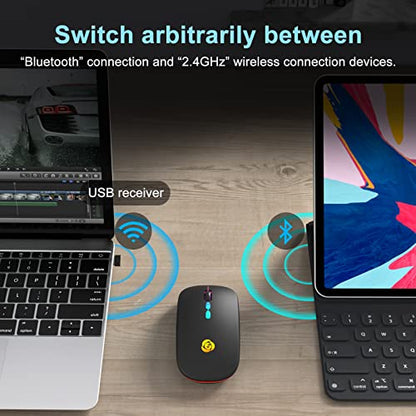 CC Store LED Wireless Bluetooth Mouse &2.4GHz Instant Connection,Rechargeable Ultra Silent Slim,3 Adjustable DPI 2 Connection Modes with USB-C to USB Adapter for Laptop/MacBook/PC/Tablet/iPad (Black) | Bluetooth mouse with 2.4GHz USB receiver, silent slim