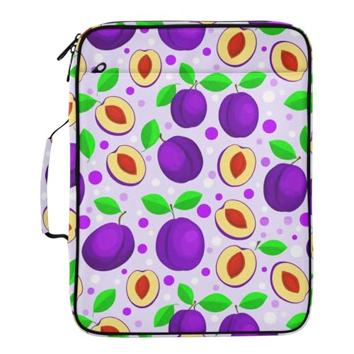 Heavy-Duty Notebook Case with 3-Hole Ring Board and 7-Slot Smart Filing Sleeve with Binder Pencil Pouch for Back to School, Purple Plums Green Leaves