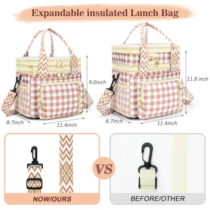 LOKASS Lunch Box for Women-16L-Insulated Lunch Bag Women, Expandable Double-layer Leakproof Cooler Bag with Upgrade Adjustable Shoulder Strap Ideal for Work/Travel/Picnics（Brown&White Check） - color: Brown&White Check