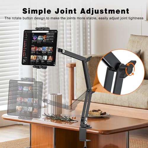 Tablet Stand Holder, iPad Desk Mount with 360°Rotate Base, Adjustable Foldable Sturdy Arm iPad Holder, Metal Clamp for Desktop Table Bed Kitchen, Compatible with 4.7-13.5inch Tablets
