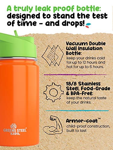 Kids Water Bottle - 12oz Orange | Leak Proof With Straw & Handle | 24 Hours Cold | Insulated, Double Wall Stainless Steel | Easy Sip Toddler Cup | Child's Flask | Eco Friendly - color: Orange