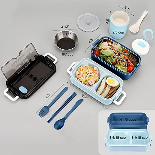 2-Tier Bento Lunch Box for Men & Adults with Insulated Lunch Bag | 50 OZ Large Capacity Bento Box with BPA-Free Utensils & Cup & Sauce Container, Leakproof, Microwave Safe for Work & Meal Prep - color: Blue