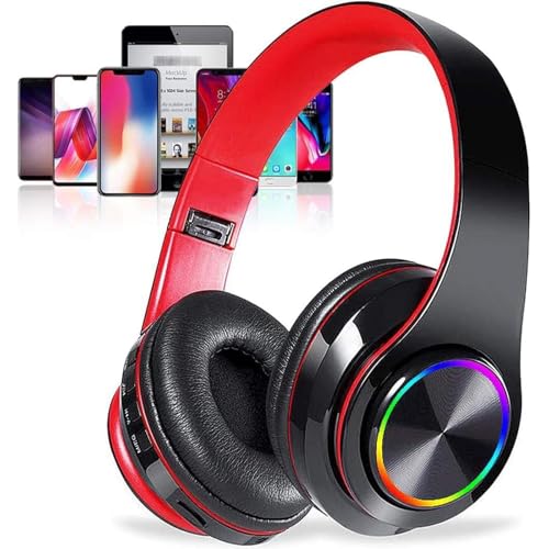 Bluetooth Over Ear Headphones, LED Lights Headphones with Built-in Mic, Light Weight, Bluetooth 5.0, Wireless Foldable HiFi Stereo Headphones for Classroom/Home/Office/PC/Mobile Phone (Black red) - color: Black