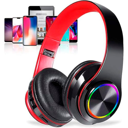 Bluetooth Over Ear Headphones, LED Lights Headphones with Built-in Mic, Light Weight, Bluetooth 5.0, Wireless Foldable HiFi Stereo Headphones for Classroom/Home/Office/PC/Mobile Phone (Black red) - color: Black