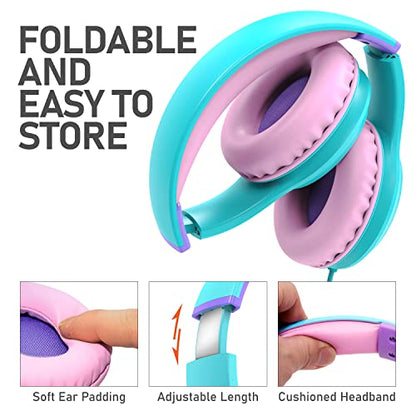 FosPower Kids Headphones with 3.5mm Laced Cables, Children & Teens Over The Ear Foldable Adjustable Headset w/Built-in Mic for Smartphones/PC/Tablet/Laptop/School (Max Volume 85dB) - Mint/Pink - color: 07 - Mint/Pink