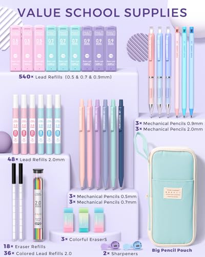 Four Candies 36PCS Mechanical Pencil Set with 624 Lead Refills (Blue) | 0.5mm - 2.0mm Mechanical Pencils, Aesthetic School Supplies for Writing, Drawing, Drafting , Note-Taking & Back to School - color: Blue