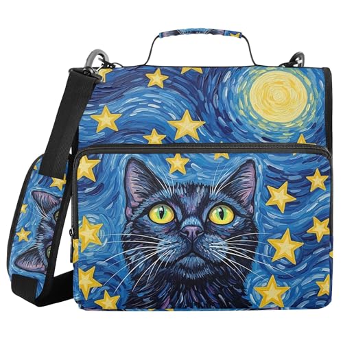 Starry Night Cat Zipper Binder with Shoulder Strap, 500 Sheets Capacity, Multiple Pockets 1.5Inch 3 Ring Zipper Binder - color: Starry Night Cat