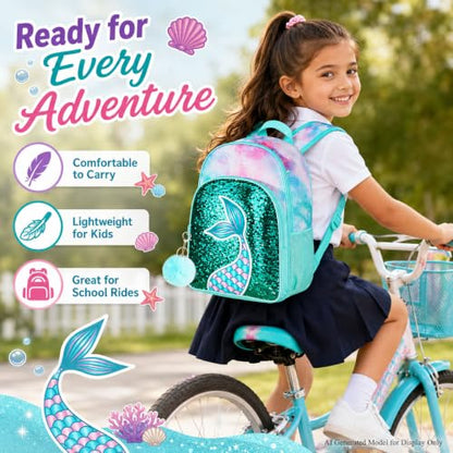 gxtvo 3PCS Girls Backpack, 16" Sequin Prechool Elementary Bookbag and Lunch Box - color: Fish Tail Green