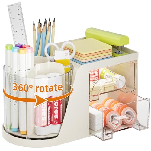 Marbrasse Desk Organizer with 2 Drawer, 360°Rotating Pen Holder, Desk Organizers and Accessories with 6 Slots Pencil Organizer + 2 Drawer, Art Supply Storage Box Caddy for Office (Beige) - color: Beige