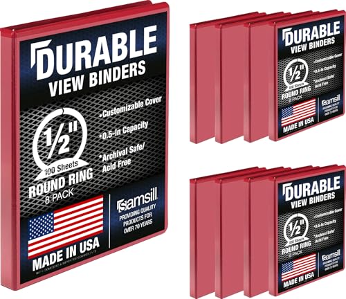 Samsill 8 Pack Durable 0.5 Inch 3 Ring Binders, Round Ring, Clear View Cover for Presentations, Red - color: Red, size: 0.5-Inch