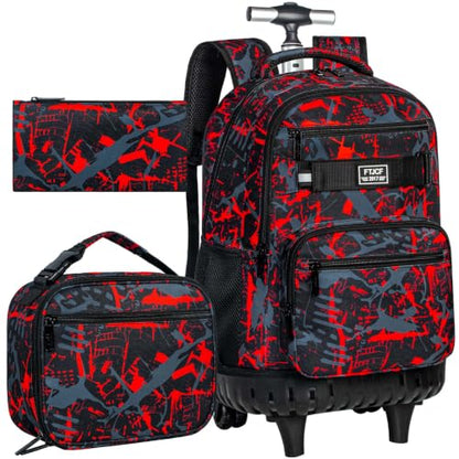 3Pcs Rolling Backpack for Boys, 19 Inche Adults Roller Bag with Wheels, Graffiti Wheeled Bookbag Set for Men(Red) - color: Graffiti Red
