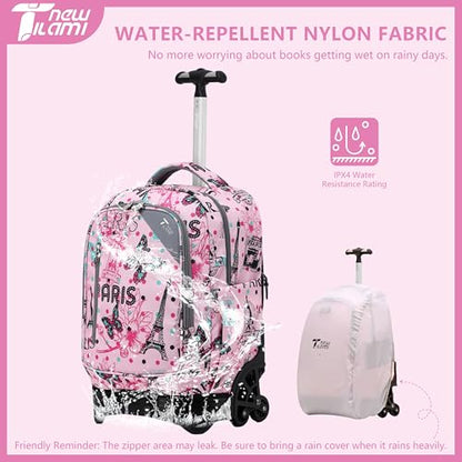 NEW TILAMI 18 inch Rolling Backpack for Kids Waterproof, Adjustable Handle Stair Climbing, Large Storage for School, Travel, Girls & Boys, Pink Romantic Paris - color: Pink Romantic Paris