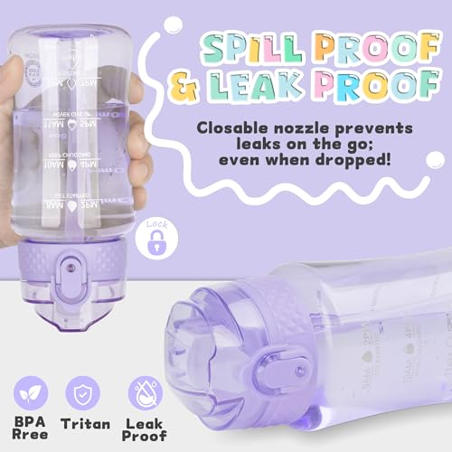 OLDLEY 12oz Kids Water Bottle, Tritan BPA-Free, Leakproof Flip Straw Lid, Motivational Time Marker, Carry Strap, Reusable Clear Water Bottle for Boys & Girls,Amethyst - color: Amethyst, style: 12 Ounces