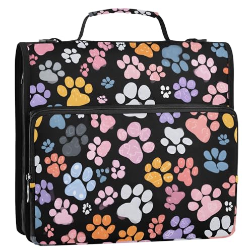 Bolaz Durable 3 Ring Binder Bag with Zipper,Colorful Footprint Pattern,1.5 Inch Multi-Pockets Organizer with Shoulder Strap and Handle - color: Colorful Footprint Pattern