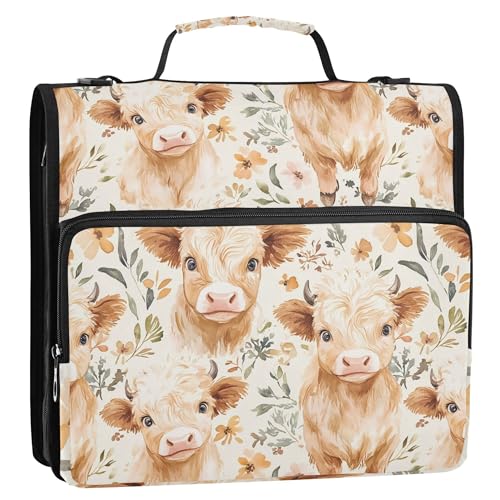 Cute Highland Cows Waterproof 13" Binder Bag Organizer with Expandable Storage,3-Ring Zipper Binder with Shoulder Strap for School & Office