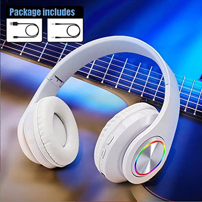 Bluetooth Over Ear Headphones, Deep Bass Colorful LED Lights Headphones with Mic, Lightweight Wireless Foldable HiFi Stereo Kids Headset for School Classroom/Home Travel/Office/PC/Cell Phone-White - color: White