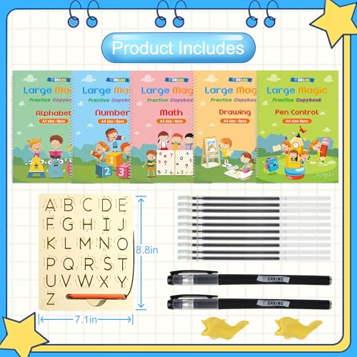 Large Handwriting Magic Grooved Practice Copybook Set: 5-Pack with Wooden Alphabet Tracing Board, Reusable Letter Learning Kit for Kid Age 3-8, Ideal for Kindergarten and Preschool Calligraphy Control - style: 5pc+2pen-Pro