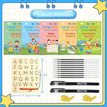 Large Handwriting Magic Grooved Practice Copybook Set: 5-Pack with Wooden Alphabet Tracing Board, Reusable Letter Learning Kit for Kid Age 3-8, Ideal for Kindergarten and Preschool Calligraphy Control - style: 5pc+2pen-Pro