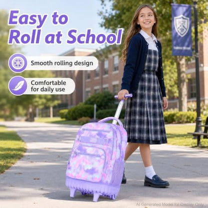 3Pcs Rolling Backpack for Girls, 19 Inche Women Roller Bag with Wheels for Adults, Wheeled Bookbag with Lunch Box(Purple) - color: Tie-dye Purple