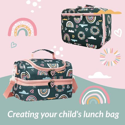 Insulated Kids Dual Compartment Lunch Bags Tote Pack for Girls Boys Toddler Kindergarten School Picnic Cooler Thermal Lunch Boxes with Strap (Green Rainbow) - color: Green Rainbow