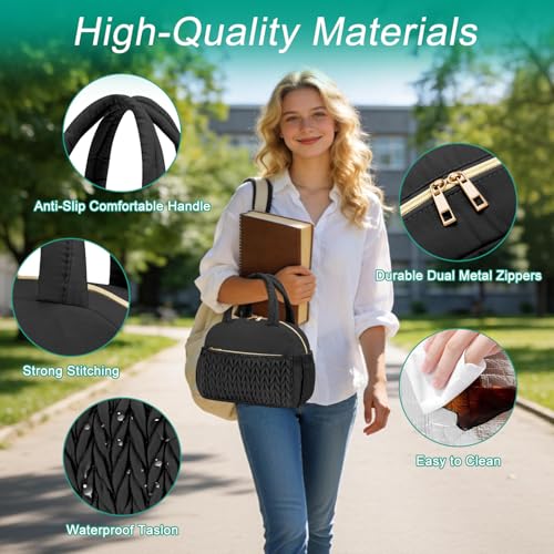 Coobiiya Cotton Quilted Lunch Bag,Cute Insulated Puffer Lunch Box for Women | Large Capacity Thermal Waterproof Cooler Bag for Work Picnic Travel - color: Black Woven Cotton