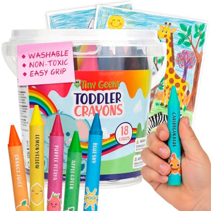 TinyGeeks Jumbo Crayons For Toddlers 3-8 - 18pc Toddler Baby Crayons For Kids Ages 4-8 & 3-4 - With Printed Coloring Sheets - Washable, Non Toxic and Easy To Hold - Perfect for Classroom
