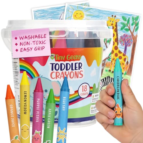 TinyGeeks Jumbo Crayons For Toddlers 3-8 - 18pc Toddler Baby Crayons For Kids Ages 4-8 & 3-4 - With Printed Coloring Sheets - Washable, Non Toxic and Easy To Hold - Perfect for Classroom
