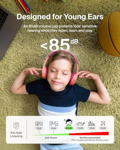 Belkin SoundForm Mini w/Case - Wireless Bluetooth Kids Headphones with 30H Battery Life, 85dB Safe Volume Limit, Built-in Microphone - Kids On-Ear Earphones for iPhone, iPad, & More - Pink - color: Pink, style: Wireless (USB-C) + Case