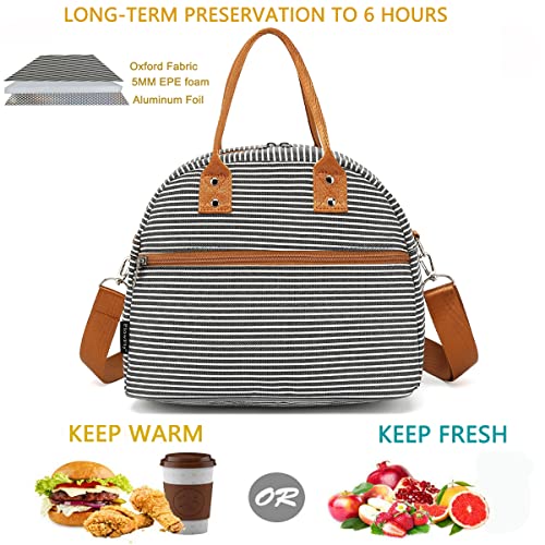 FlowFly Insulated Lunch Bag With Shoulder Strap for Women, Men, and Kids, Large and Reusable, Handle, Freezable Work and School Travel Tote and Meal Prep Organizer,White and Black Stripes - color: White and Black Stripes