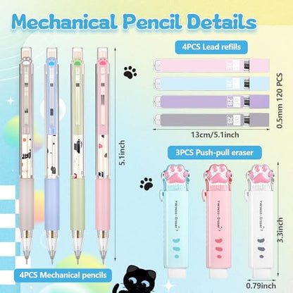 11 Pcs Black Cat Mechanical Pencil Set, 4 Mechanical Pencils 0.5mm, with 4 2B Lead Refills and 3/5 Erasers Christmas Stocking Stuffers for Women Cats Lovers Gifts (Cat) - style: Cat