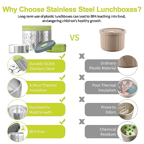 Lille Home Stainless Steel Thermal Lunch Box Set with Lunch Bag and Cultery | 22 Oz Vacuum Insulated Lunch Bento Box, to Keep Food Warm/Cool, 2 Small Food Container for Snack, Fruits and Sauces (Green) - color: Green
