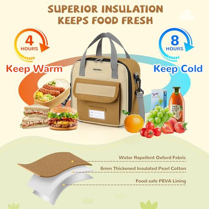 REDSHELL Lunch Box Kids, Large Insulated Lunch Bag for Boys Girls, Brown | Tactical Style, Cooler Lunchbag, Square Toddler Lunchbox, School & Daycare, Lunch Tote, Water Bottle Holder, Adjustable Strap - color: Brown