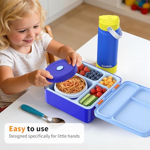 Bento Box for Kids, Lunch Box with Sticker and Leak-Proof Vacuum Food Jar, 4 Compartment BPA-Free Toddler Bento Box for School, Machine-Washable and Removable Compartments for Boy(Blue) - color: Blue