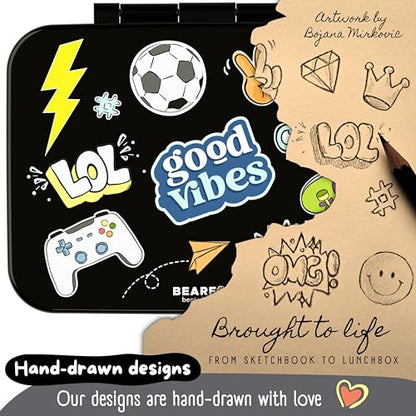 BEARFOOT Kids Lunch Box with Compartments – Compact & Lightweight | Leak-Proof, BPA-Free, Dishwasher Safe | Hand-Drawn Design for Preschool, School, Travel (Sticker Black, 4 Cups) | BPA Free Leakproof Lunch Box with Compartments School & Nursery for Girls