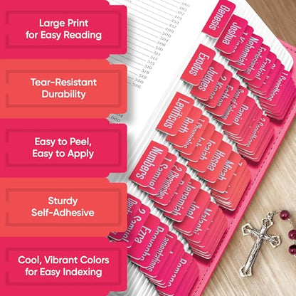 EssexWares - Berry Blaze Bible Tabs for Old and New Testament, 80 Large Print Tabs for Bible Study, Water-Resistant and Durable Index Tabs for Women and Men - 1.7" Wide - color: Berry Blaze