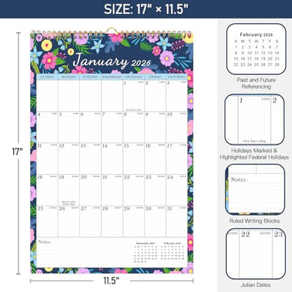 Lbylyhxc 2026 Calendar -18 Monthly Wall Calendar 2026 from Jan 2026 to Jun 2027, 17 x 12 Inches.Thick Paper with Julian Dates Large Wall calendar 2026 for New Year Presents (Large Wall Calendar Flower B) - color: Large Wall Calendar Flower B