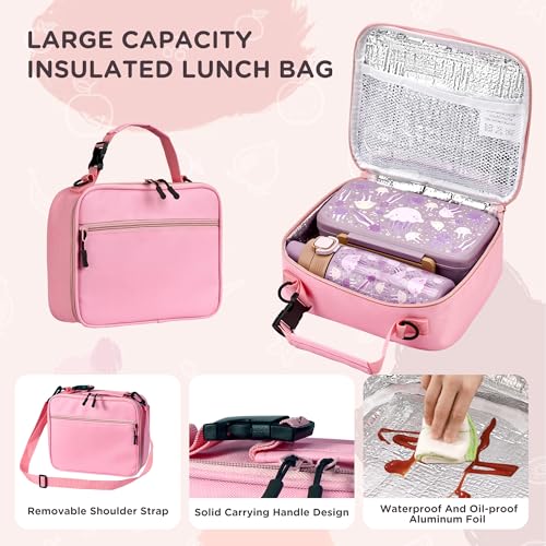 MAISON HUIS Bento Box for Kids with 8oz Soup Thermo, Insulated Lunch Bag & 17oz Water Bottle, 2-Compartment Bento Box with Built-In Ice Pack, Leak-Proof & BPA-Free - color: Pink2
