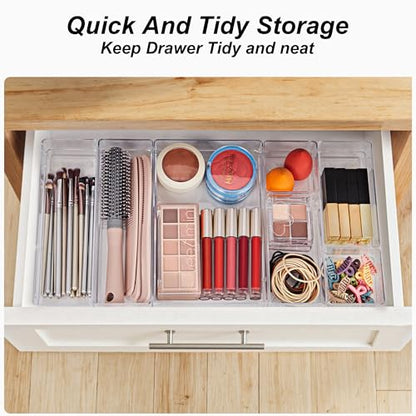 SMARTAKE 25-Piece Drawer Organizer with Non-Slip Silicone Pads, 4-Size Desk Drawer Organizer Trays Storage Tray for Makeup, Jewelries, Utensils in Bedroom Dresser, Office and Kitchen (Clear) - style: 25 PCS