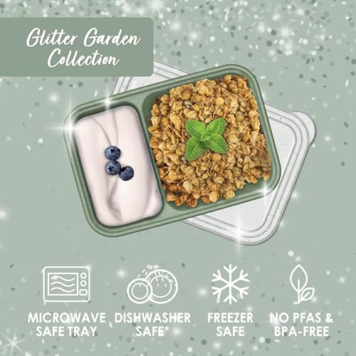 Bentgo Prep - 2-Compartment Snack Containers with Lids - Reusable, Microwaveable, Durable, PFAS & BPA-Free, Freezer, & Dishwasher-Safe Meal Prep Food Storage - 10 Trays & 10 Lids (Basil Glitter) - color: Basil Glitter