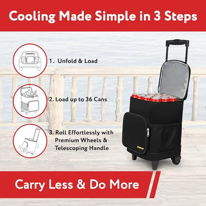 Ultra Compact Cooler Smart Cart with Wheels - Collapsible Insulated Cooler Bag - Foldable Travel Cooler 36 Cans - Leak Proof Trolley - Black - color: Black