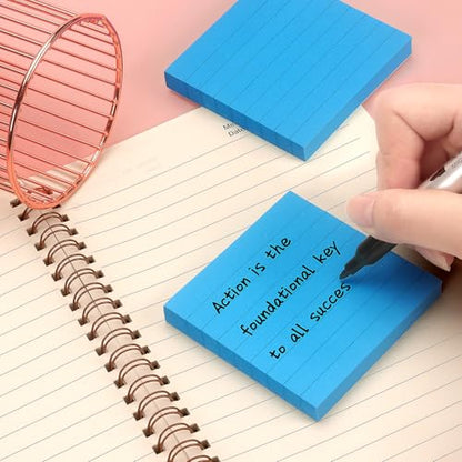 Lined Sticky Notes 3x3 in, Self-Adhesive, 4 Pads, 90 Sheets/Pad (Blue) | Strong Self-Adhesive Backing, Sticks Firmly and Removes Cleanly - color: Blue