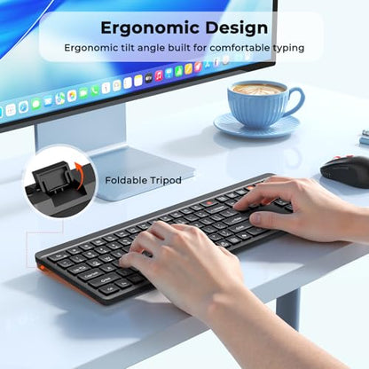 MEETION Bluetooth Keyboard and Mouse, 2.4G + Dual Bluetooth Multi Device, Full Size Silent Ergonomic Keyboard with 4 Level DPI Adjustable Wireless Mouse for Windows, Mac OS Desktop/Laptop/PC, Black - color: Matte Black