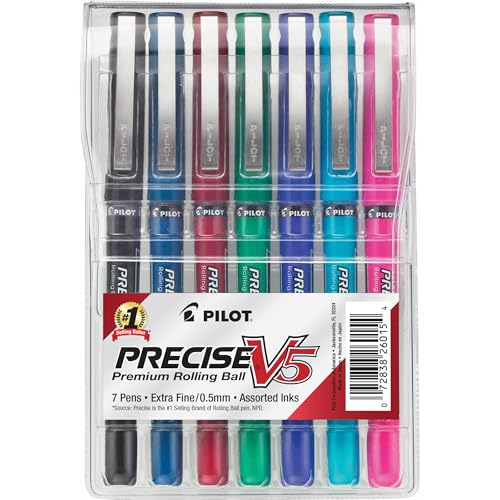Pilot Precise V5 Capped Liquid Ink Rollerball Pens, Extra Fine Point Ink Pens 0.5 mm, Colored Pens, Assorted Colors, Pack of 7 - Ideal for School, Journaling, & Office Writing - style: Precise V5
