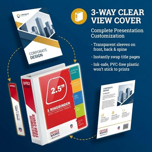 3 Ring Binder, 2.5" Professional Angle D-Rings, Presentation Folder for Standard Pages with Inside Pockets, Customizable Clear View White Binder (3.2" Spine)