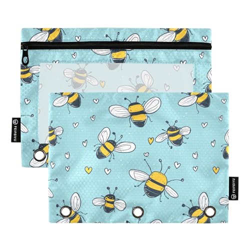 Fustylead Cute Cartoon Honrybee and Hearts Pencil Pouch with Clear Window for 3 Ring Binders, Zipper Pencil Case Cosmetic Bags for School Office Cosmetic Students Supplies, 2PCS - color: Blue01